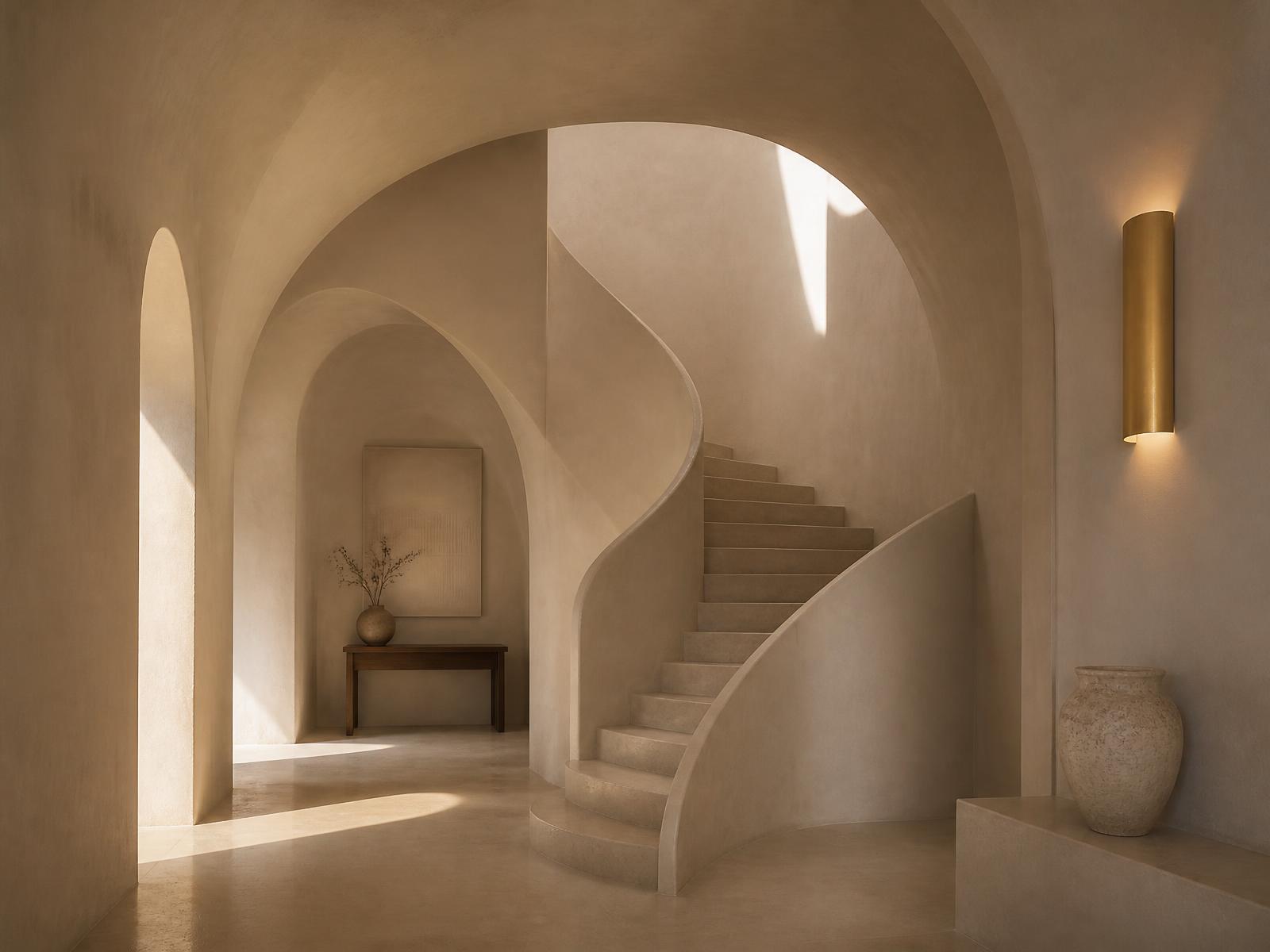 Interior arquitectónico de arcos y escalera en tonos marfil